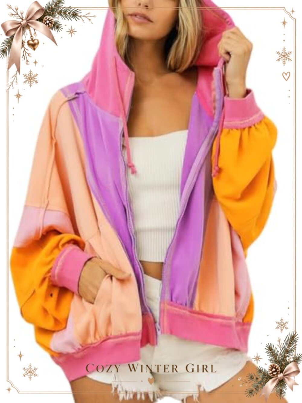 Oversized Color Block Zip Up Hoodie Women Drop Shoulder Pocket Sweatshirt